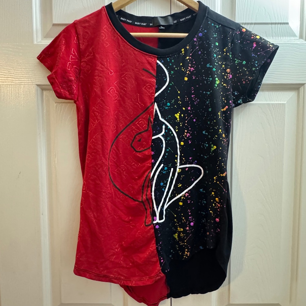 VTG Baby Phat‎ 90's Y2K Womens Red Black Splatter Streetwear Hip Hop Baby Tee
